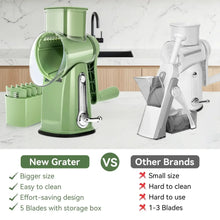 Green rotary cheese grater with blade storage box and side crank handle