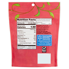 Back of sweetened dried cherries pouch showing Nutrition Facts and product details