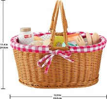 Woven wicker picnic basket with pink-and-white checkered liner and wooden pretend foods