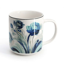 Blue floral porcelain mug with peony garden flower motif on a white body