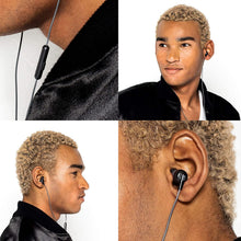 Black wired in-ear headphones shown on a person from multiple angles