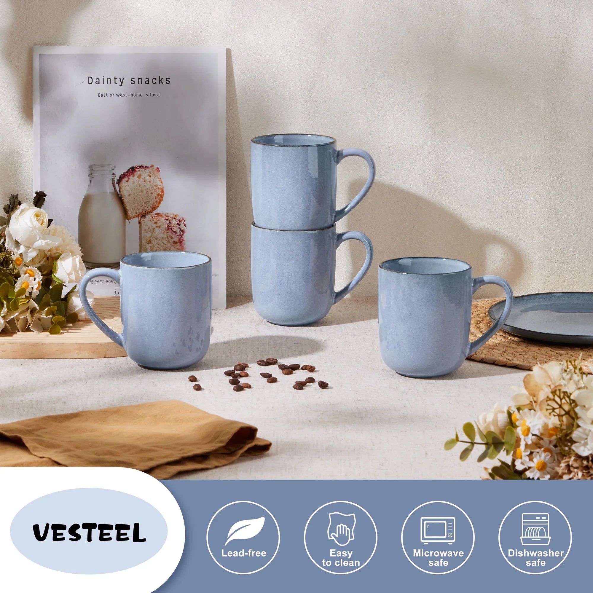 Vesteel Coffee Mug Set of 4, Ceramic Coffee Cups with Handles, 14oz Handmade Reactive Glaze Mugs Set for Coffee Tea Milk, Mug Gifts for Thanksgiving Day Anniversary, Gifts for Men, women, Home, Office and Restuarant