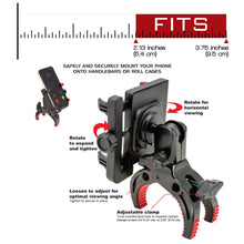 Adjustable handlebar phone holder with rotating mount and tightening clamp