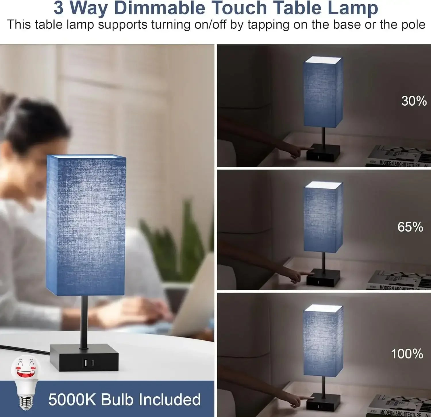 Comzler Bedside Table Lamp Set of 2, Navy Blue Lamps for Bedroom Decor 3-Way Dimmable Touch Lamp with USB C+A Charging Ports LED Bulb Included - USA MEGA SHOP