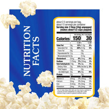Microwave popcorn package with nutrition facts panel on blue background