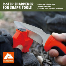 Two-step knife sharpener with orange and black abrasive stones