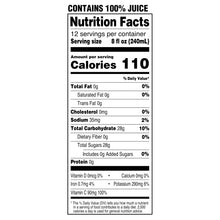 Nutrition Facts panel for 100% juice, calories 110 per 8 fl oz serving