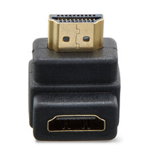 HDMI 90-degree adapter front view with gold contacts and black housing