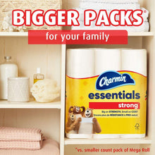 Charmin Essentials strong toilet paper Mega roll pack with “Bigger packs” callout