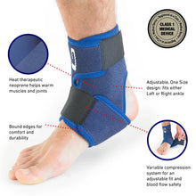Blue ankle brace on foot with neoprene panels and adjustable compression band