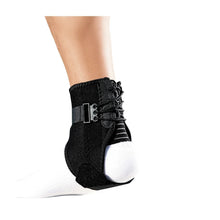 Black ankle support brace with side stabilizers and adjustable straps