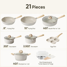 21-piece cookware set showing frying pans, saucepans, stockpot, and egg pan