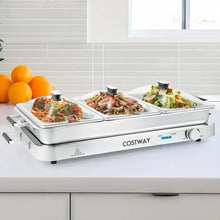Stainless steel electric warming tray with 3 sections, side handles, and lids