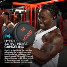 Cobalt blue earbuds worn during gym exercise