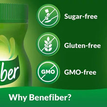 Benefiber prebiotic fiber supplement label icons for sugar-free, gluten-free, GMO-free