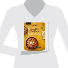 Tikka masala simmer sauce pouch shown with size measurement on a figure silhouette