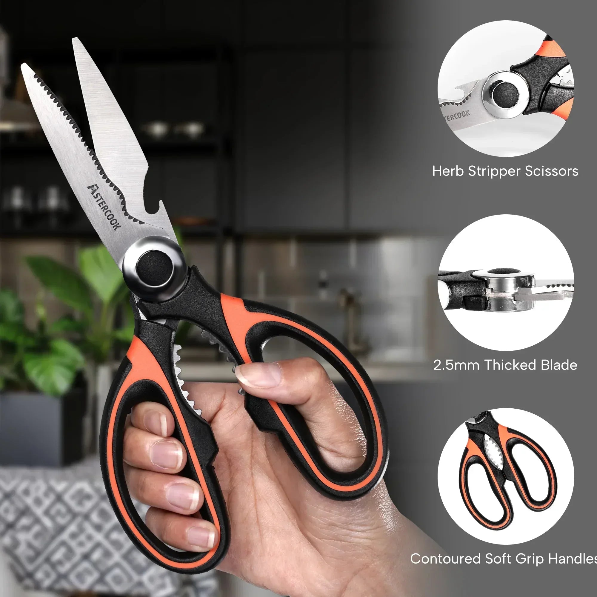 Astercook 2 Pcs Kitchen Scissors, Heavy Duty Shears with Serrated Blade, Ergonomic Handle Food Scissor for Poultry, Herbs, Vegetables Dishwasher Safe
