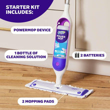 Swiffer Power Mop starter kit with mop device, solution bottle, pads, and batteries