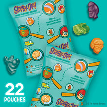 Scooby-Doo fruit snack pouch pack featuring 22 pouches and search-game icons.