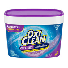 OxiClean Odor Blasters stain remover powder tub with purple lid, blue label
