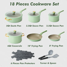 18-piece green nonstick cookware set with matching lids and utensils