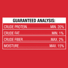 Guaranteed analysis label for stuffed dry chew bone: protein 20% min, fat 1% min