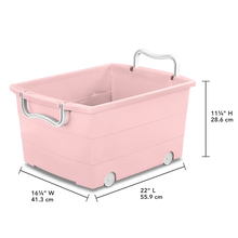 Pink plastic rolling toy basket with two handles and wheels, shown with size measurements