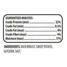 Dog treat guaranteed analysis panel showing protein, fat, fiber, and moisture
