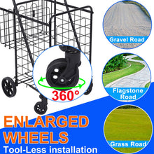 Black folding shopping cart with wire basket and large wheels
