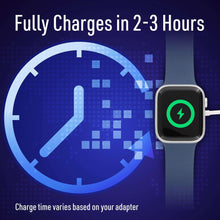 White magnetic watch charging puck with green charging icon on square display