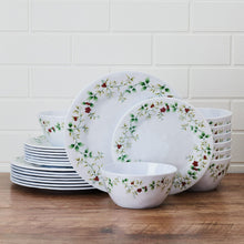 Melamine bowl and dinner plates with holly berry floral wreath pattern, white
