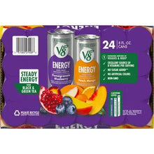 V8 Energy 24-pack can case showing Pomegranate Blueberry and Peach Mango flavors