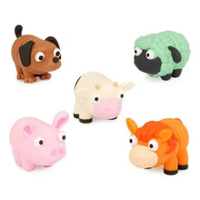 Five farm animal figure toys: pink pig, white sheep, brown dog, orange fox, green cow