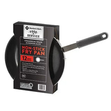 Boxed nonstick fry pan with black interior, gray handle, and aluminum exterior.