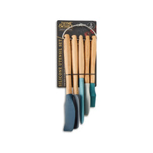 Packaged 5-piece silicone utensil set with beechwood handles, blue and teal heads