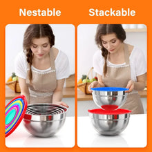 Stainless steel nesting mixing bowls with colorful lids, shown stacked for storage