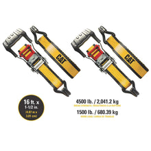 Ratchet tie-down set with yellow webbing and metal cam buckle ends