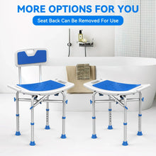 Blue shower chair with removable seat back option, sturdy legs, wide seat