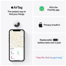 Apple AirTag tracker next to an iPhone showing a map in Find My