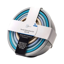 Nesting plastic mixing bowls with lids in blue and tan, bundled in retail packaging