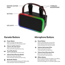 Portable karaoke speaker with two wireless microphones, LED lights, and control buttons