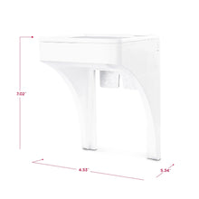White outlet shelf with labeled height and width measurements on the dimensions