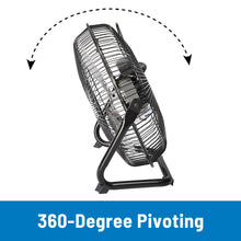 Metal high-velocity fan with wire grille and tilting head, angled view