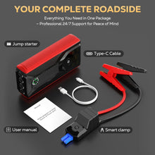 Car jump starter kit with clamps, Type-C cable, USB cable, and user manual
