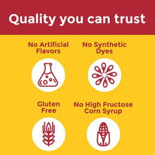 Multivitamin gummy quality icons: no artificial flavors, no dyes, gluten free