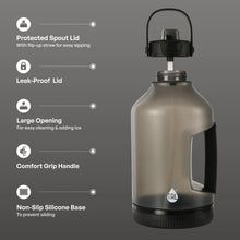 Metallic jug water bottle with black flip-up straw, large opening, comfort grip handle