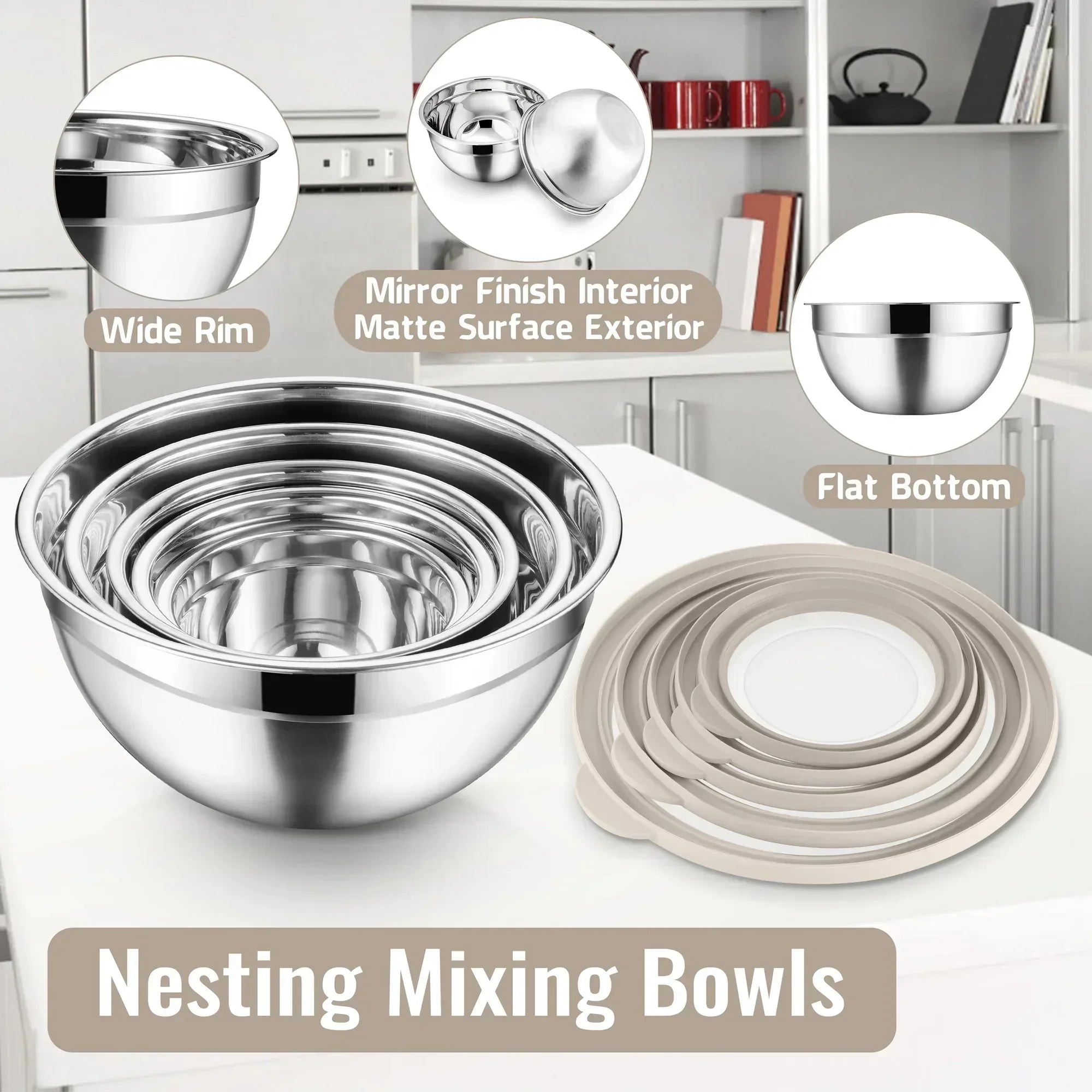 Vesteel Mixing Bowls with Lids Set of 8, Stainless Steel Prep Bowls with Upgraded Airtight Visible Lid, Metal Nesting Bowl Attach with 3 Graters for Kitchen Grating/ Shredding / Mixing - USA MEGA SHOP