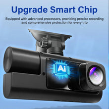 Dash cam front unit with lens and AI chip indicator on the camera housing
