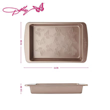 Rectangular non-stick cake pan with embossed butterfly pattern, 9x13 in, rose-gold.
