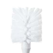 Bottle cleaning brush close-up with white bristle head and white handle